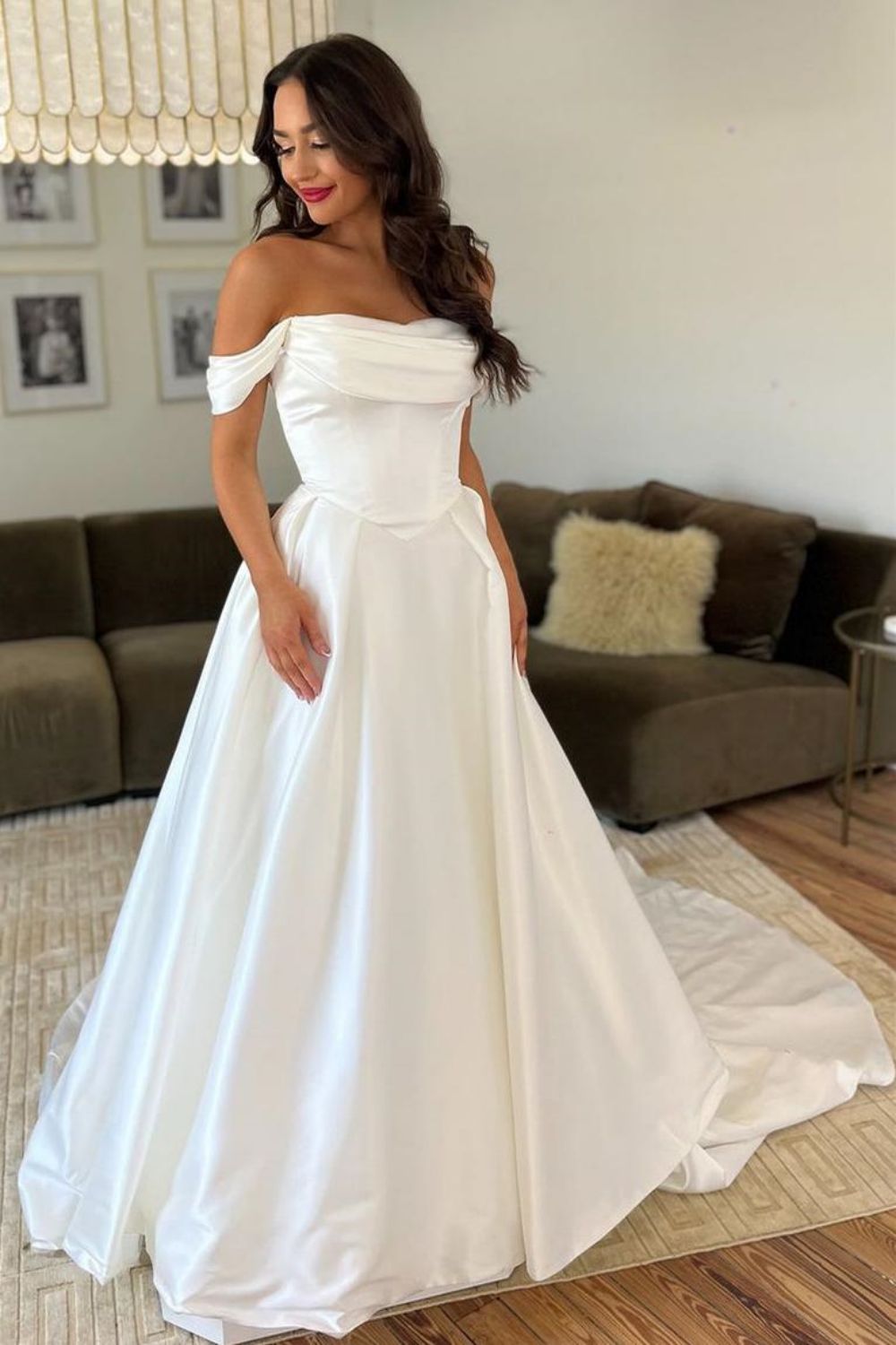 Elegant A Line Off the Shoulder White Wedding Dress with Train
