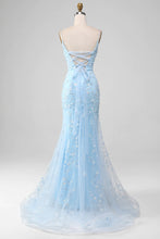 Load image into Gallery viewer, Sparkly Light Blue Mermaid Lace Up Long Prom Dress With Sequined Appliques