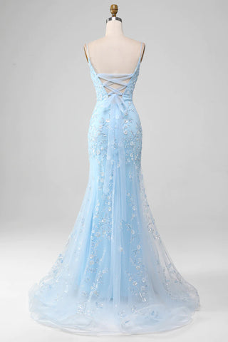 Sparkly Light Blue Mermaid Lace Up Long Prom Dress With Sequined Appliques