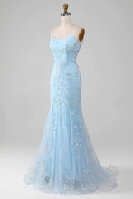 Load image into Gallery viewer, Sparkly Light Blue Mermaid Lace Up Long Prom Dress With Sequined Appliques