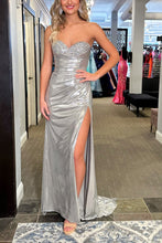 Load image into Gallery viewer, Silver Mermaid Sweetheart Long Metallic Glitter Prom Dress With Slit