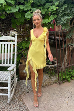 Load image into Gallery viewer, Yellow Asymmetrical Ruffle Hem Homecoming Dress with Floral Shoulder Detail
