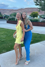 Load image into Gallery viewer, Yellow Asymmetrical Ruffle Hem Homecoming Dress with Floral Shoulder Detail
