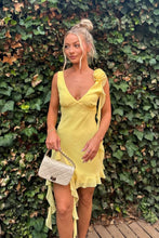 Load image into Gallery viewer, Yellow Asymmetrical Ruffle Hem Homecoming Dress with Floral Shoulder Detail
