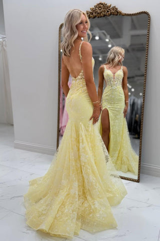 Gorgeous Mermaid Spaghetti Straps Yellow Lace Prom Dress with Appliques