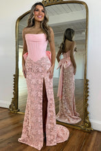 Load image into Gallery viewer, Fashionable Mermaid Strapless Red Corset Lace Prom Dress with Bowknot