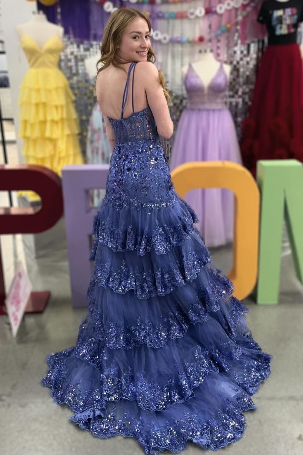 Luuvis Navy Corset Prom Dress Gorgeous Sheath One Shoulder Formal Dress  with Tired Ruffles