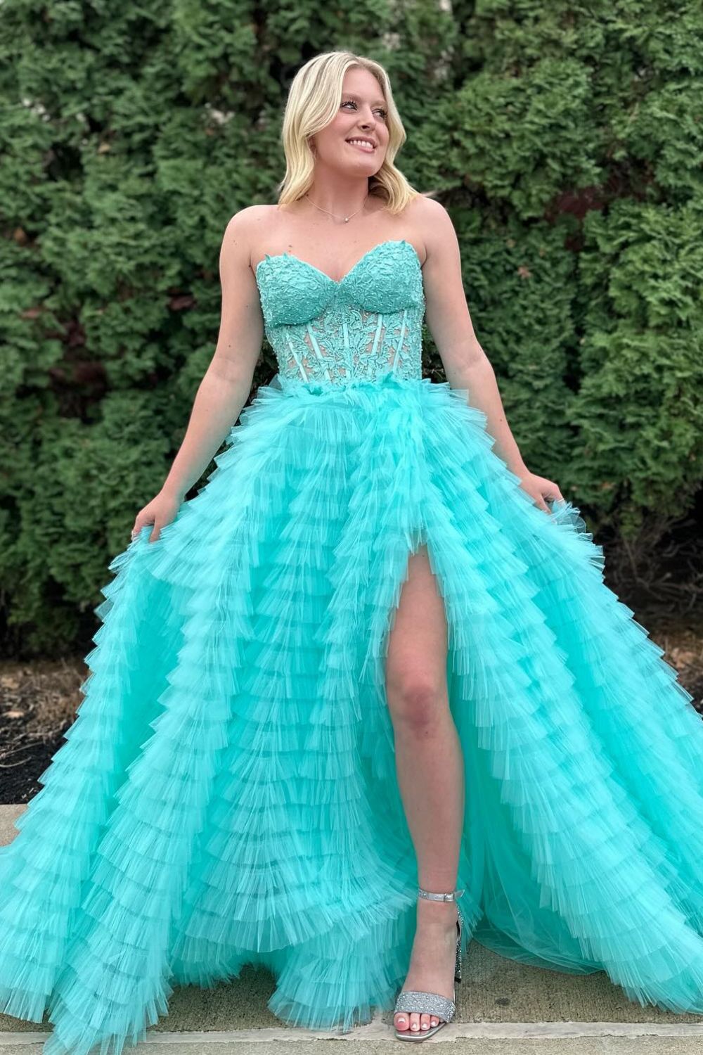 Luuvis Charming A Line Sweetheart Blue Corset Prom Dress with Appliques