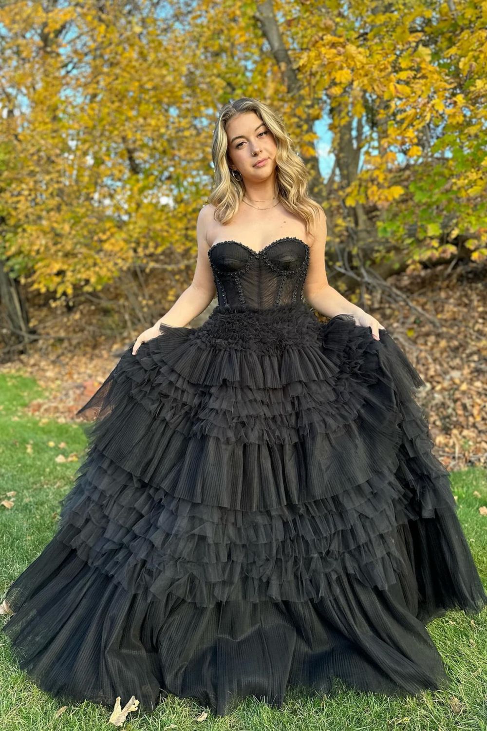 Luuvis Black Corset Prom Dress Princess A Line Sweetheart Formal Dress