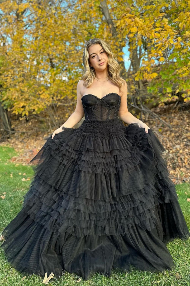 Luuvis Black Corset Prom Dress Princess A Line Sweetheart Formal Dress