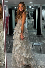 Load image into Gallery viewer, Princess A Line Sweetheart Silver Corset Prom Dress with Lace Ruffles
