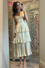 Load image into Gallery viewer, Sparkly A Line Sweetheart Champagne Tea Length Party Dress with Ruffles

