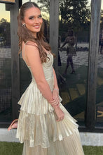 Load image into Gallery viewer, Sparkly A Line Sweetheart Champagne Tea Length Party Dress with Ruffles
