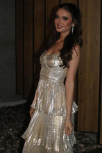 Load image into Gallery viewer, Sparkly A Line Sweetheart Champagne Tea Length Party Dress with Ruffles
