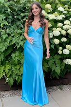 Load image into Gallery viewer, Stylish Sheath Spaghetti Straps Blue Long Prom Dress with Backless
