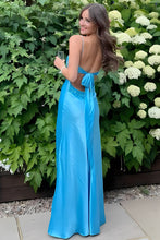Load image into Gallery viewer, Stylish Sheath Spaghetti Straps Blue Long Prom Dress with Backless
