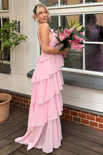 Load image into Gallery viewer, Princess A Line Halter Neck Pink Long Prom Dress with Ruffles
