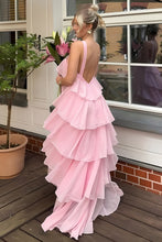 Load image into Gallery viewer, Princess A Line Halter Neck Pink Long Prom Dress with Ruffles

