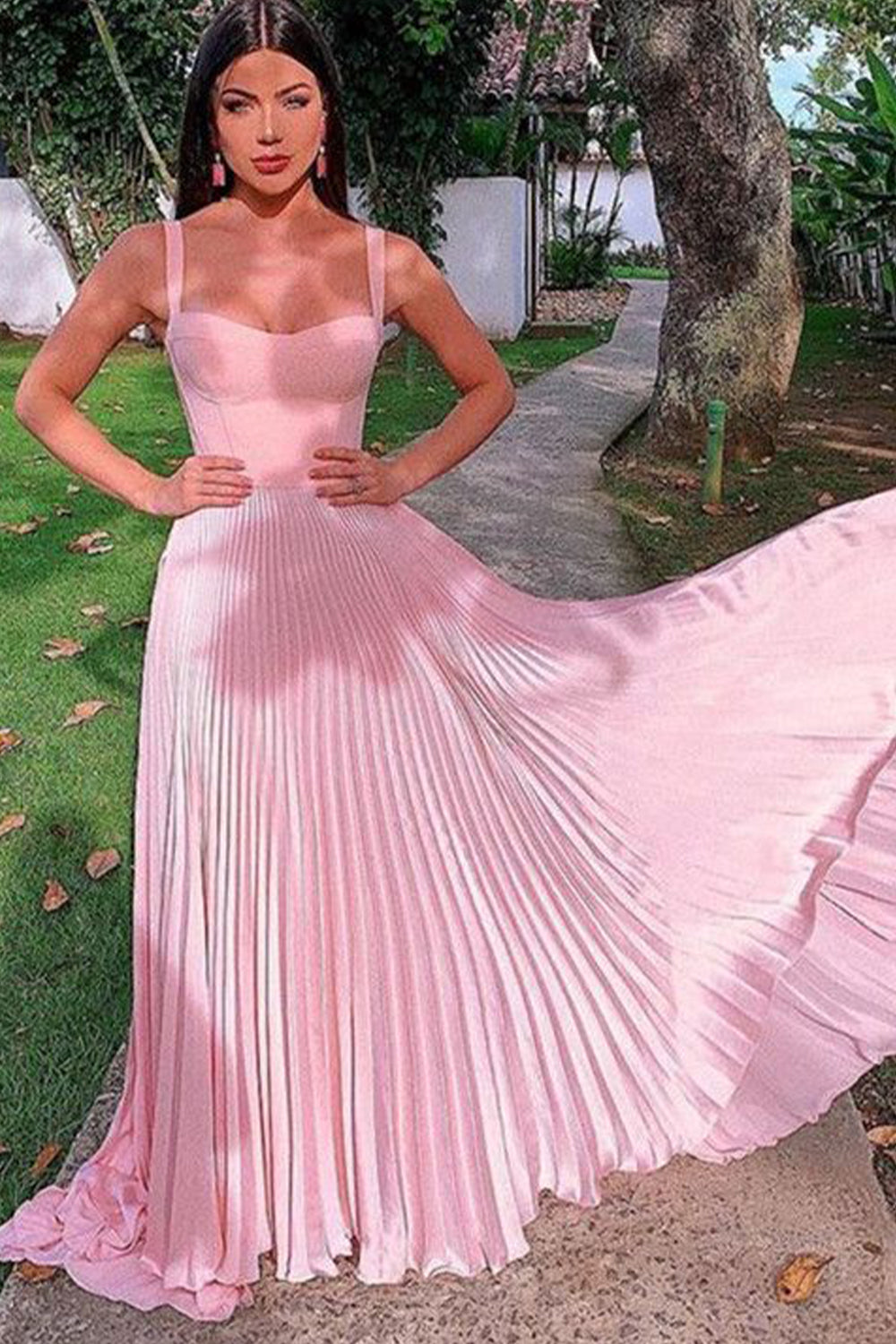 Princess A Line Spaghetti Straps Pink Long Prom Dress with Ruffles