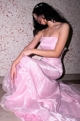 Princess Mermaid Strapless Pink Long Prom Dress with Ruffles