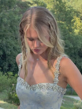 Load and play video in Gallery viewer, Light Blue Floral Homecoming Dress with Beaded Straps Fit and Flare Mini Dress