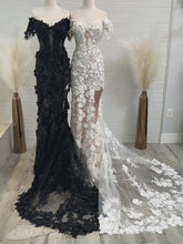 Load and play video in Gallery viewer, Charming Mermaid Off the Shoulder White/Black Long Prom Dress with Appliques