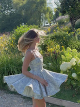 Load and play video in Gallery viewer, Light Blue Floral Homecoming Dress with Beaded Straps Fit and Flare Mini Dress