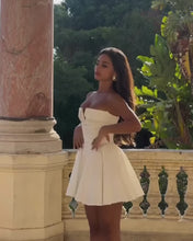 Load and play video in Gallery viewer, Modern White Fit and Flare Homecoming Dress with Deep V Corset Bodice