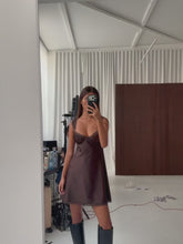 Load and play video in Gallery viewer, Minimalist Brown Satin Homecoming Dress with Slim Fit and Lace Trim Finish