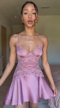 Load and play video in Gallery viewer, Charming A Line Spaghetti Straps Lilac Short Homecoming Dress with Lace