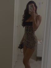 Load and play video in Gallery viewer, Hot Sheath Spaghetti Straps Brown Leopard Print Short Homecoming Dress with Lace