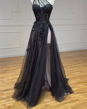 Load and play video in Gallery viewer, Sexy Black A-Line One Shoulder Long Prom Dress With Appliques