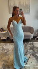Load and play video in Gallery viewer, Glamorous Spaghetti Straps Light Blue Mermaid Prom Dress with Pearl Beaded