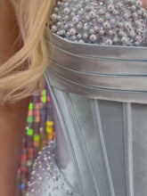 Load and play video in Gallery viewer, Shimmering Light Blue Beaded Mini Dress with Structured Corset Bodice