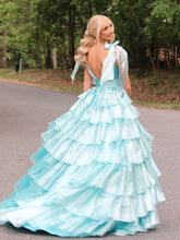 Load image into Gallery viewer, Cute Pink Princess A Line Deep V-Neck Long Tiered Prom Dress With Split
