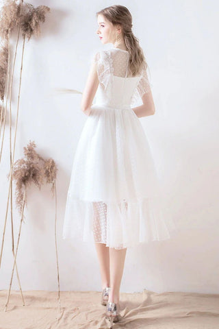 A Line Jewel White Formal Dress with Lace Ruffles