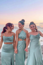 Load image into Gallery viewer, Simple Spaghetti Straps or Halter Mint Green Long Bridesmaid Dress