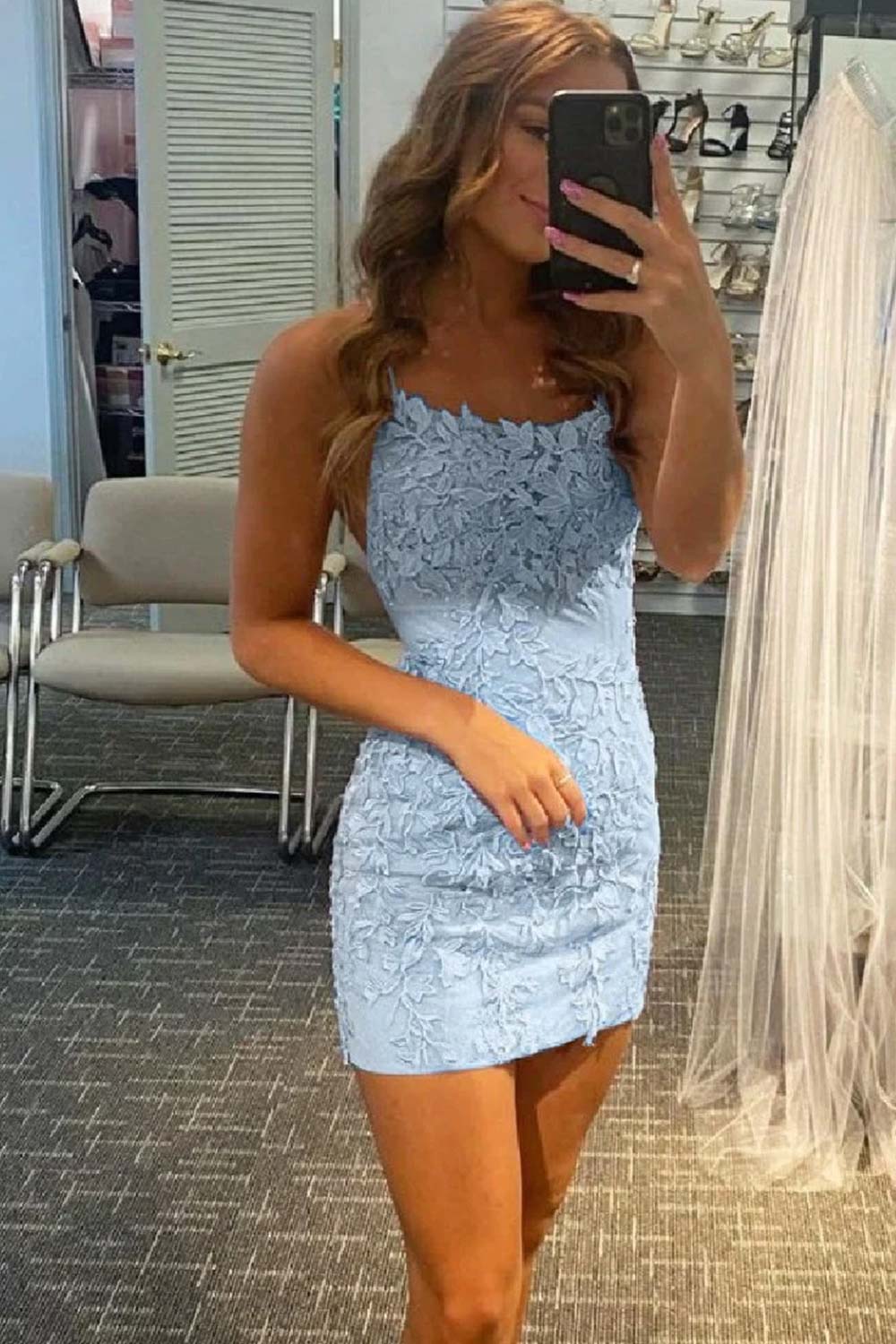spaghetti straps light blue tight short homecoming dress with appliques Glittery Bodycon Light Blue Homecoming Dresses Spaghetti Straps Short –  SELINADRESS main image 0