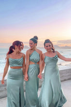 Load image into Gallery viewer, Simple Spaghetti Straps or Halter Mint Green Long Bridesmaid Dress