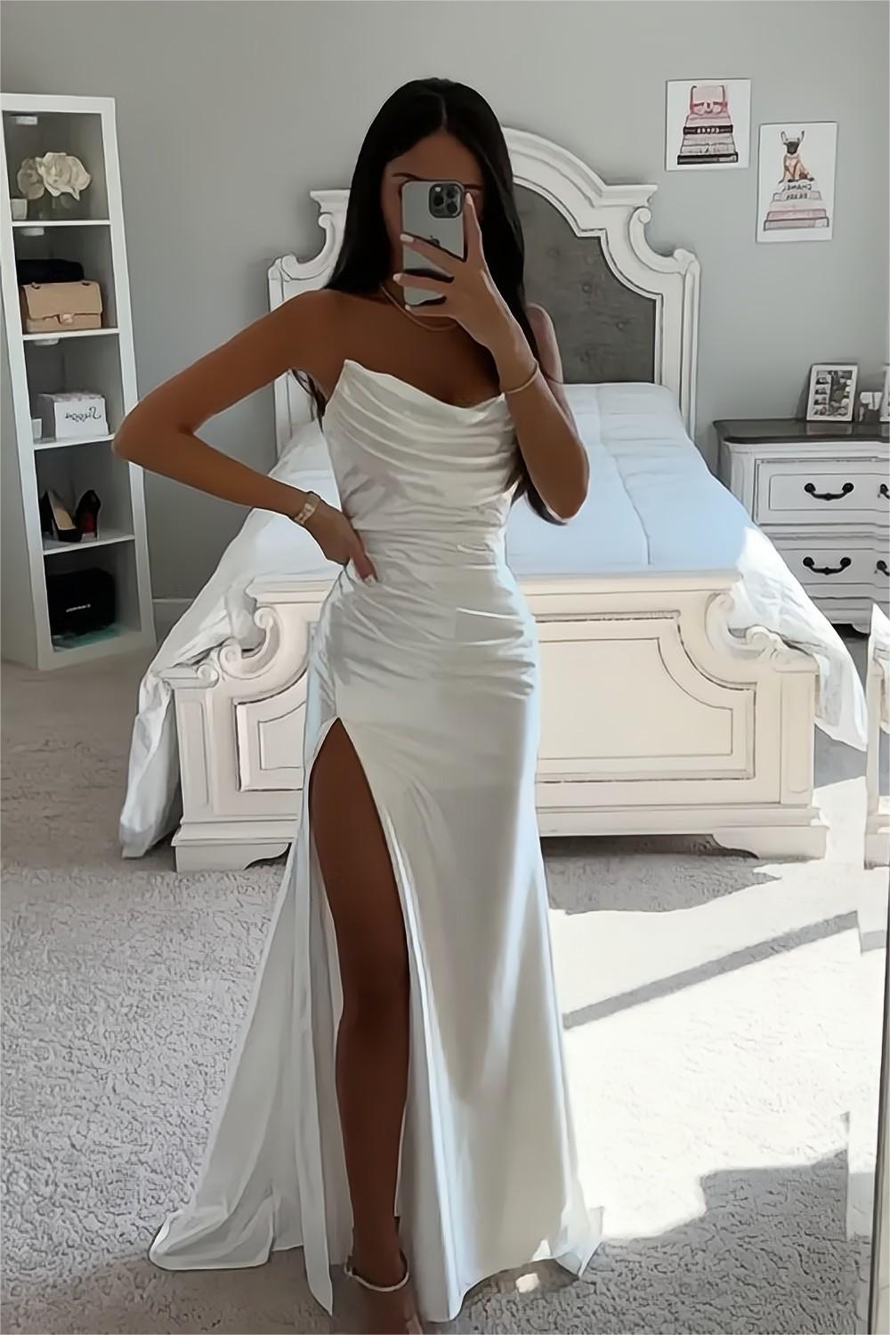 2024 Long V Neck Mermaid Lace White Prom Dress Open Back Formal Evenin –  MyChicDress