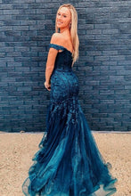 Load image into Gallery viewer, Mermaid Off the Shoulder Navy Long Prom Dress with Appliques