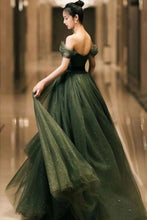 Load image into Gallery viewer, Elegant A Line Off the Shoulder Dark Green Long Prom Dress