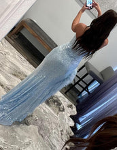 Load image into Gallery viewer, Sexy Glitter V Neck Mermaid Blue Long Prom Dress
