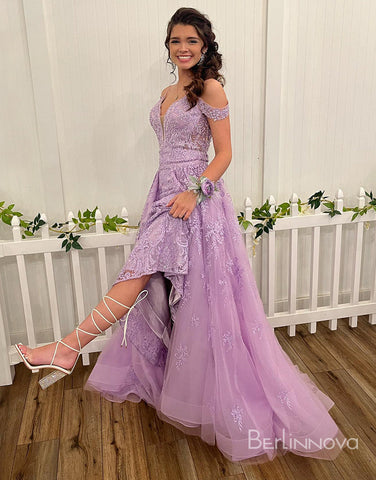 V neck Off-the-Shoulder Backless Prom Dress With Appliques