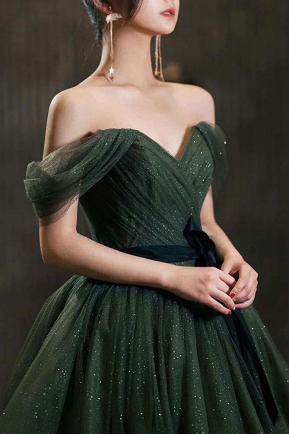 Elegant A Line Off the Shoulder Dark Green Long Prom Dress