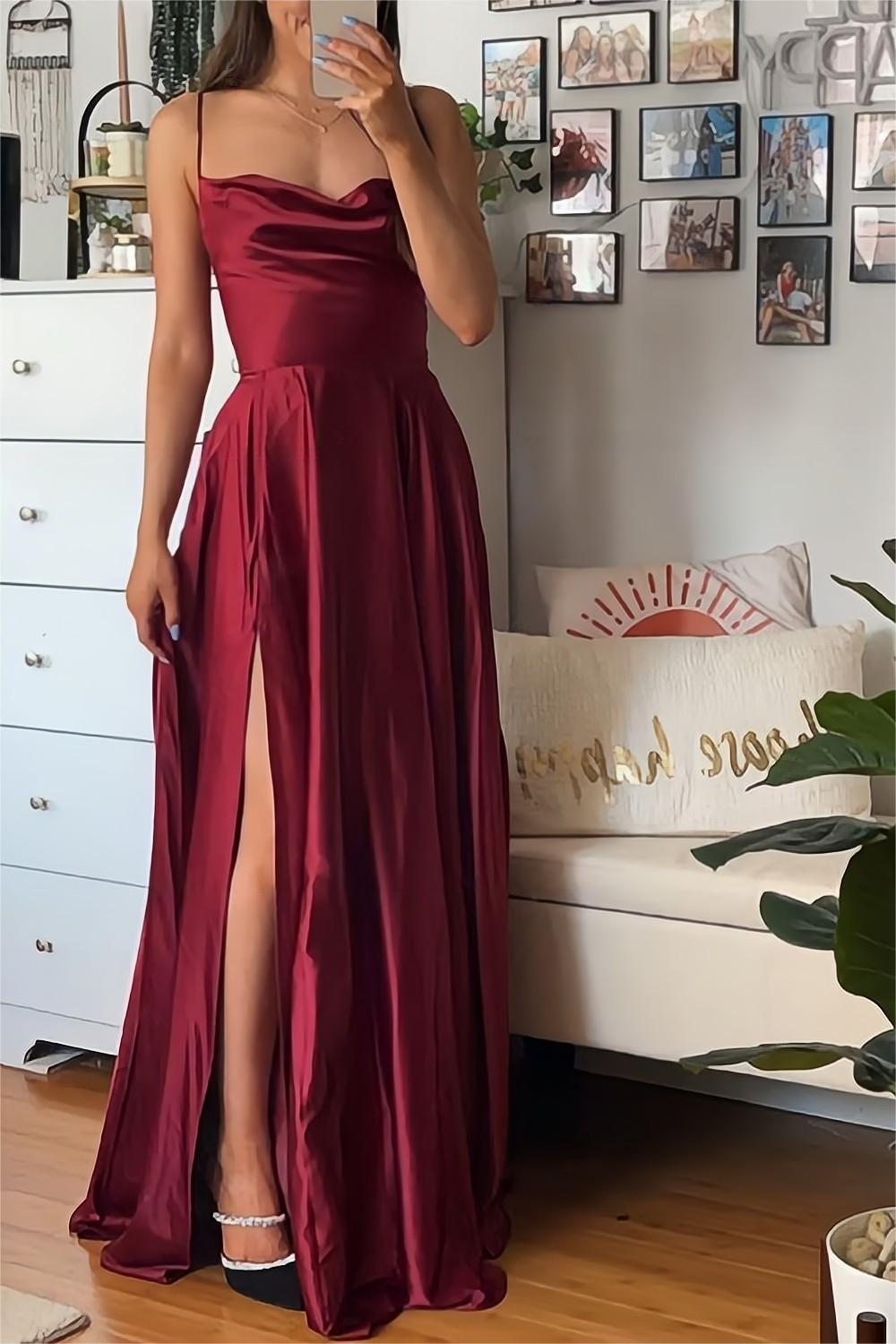 A Line Spaghetti Straps Burgundy Long Prom Dress with Split Front  Luuvis