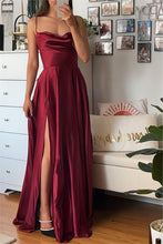 Load image into Gallery viewer, A Line Spaghetti Straps Burgundy Long Prom Dress with Split Front