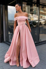 Load image into Gallery viewer, Charming A Line Off the Shoulder Pink Long Prom Dress with Slit