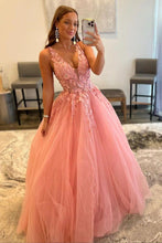 Load image into Gallery viewer, Princess A Line V Neck Pink Long Prom Dress with Appliques
