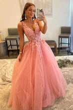 Load image into Gallery viewer, Princess A Line V Neck Pink Long Prom Dress with Appliques